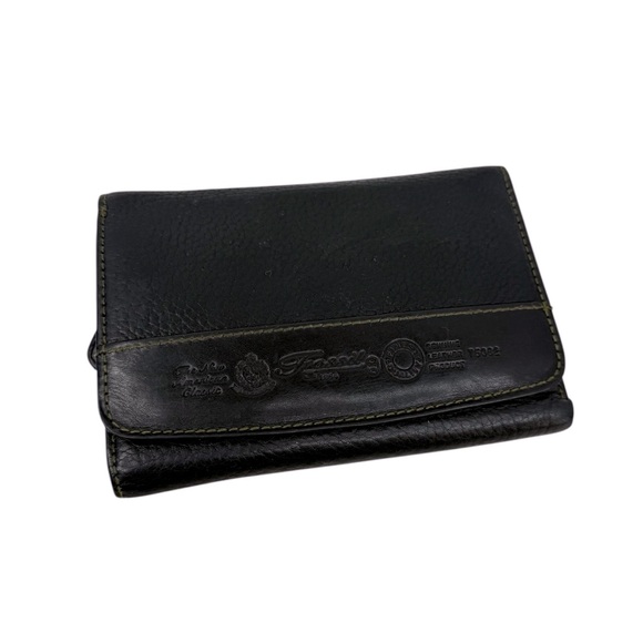 FOSSIL Black Genuine Leather Embossed Logo Trifold Wallet - Picture 1 of 15